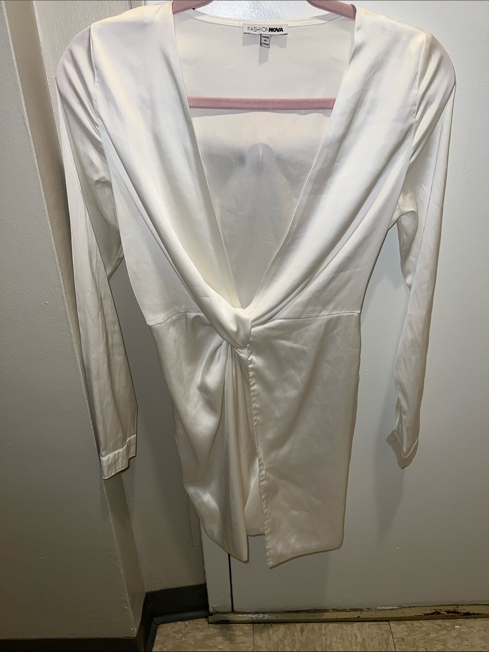 Fashion Nova Ivory Satin Twist-Front Mini Dress